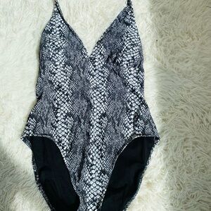 Catalina Snake Print One Piece Swimsuit M Black White Halter Animal Print